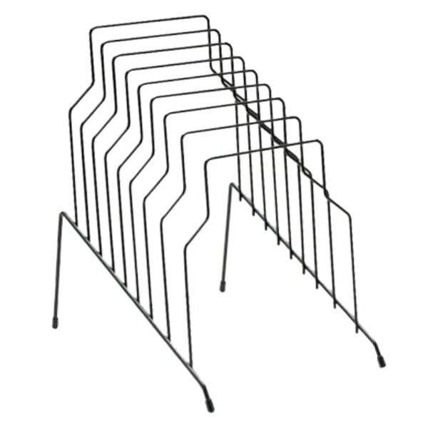 A black metal wire step file rack with 8 compartments.
