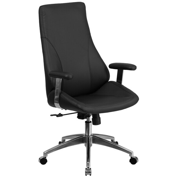 A Flash Furniture black leather office chair with chrome arms and wheels.
