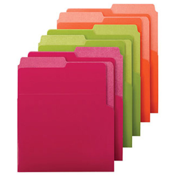 A row of Smead Organized Up heavy weight letter size file folders in assorted bright colors.