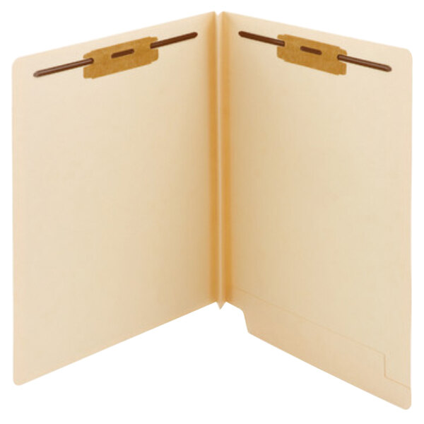 A Smead Shelf-Master file folder with two brown fasteners on a manila end tab.