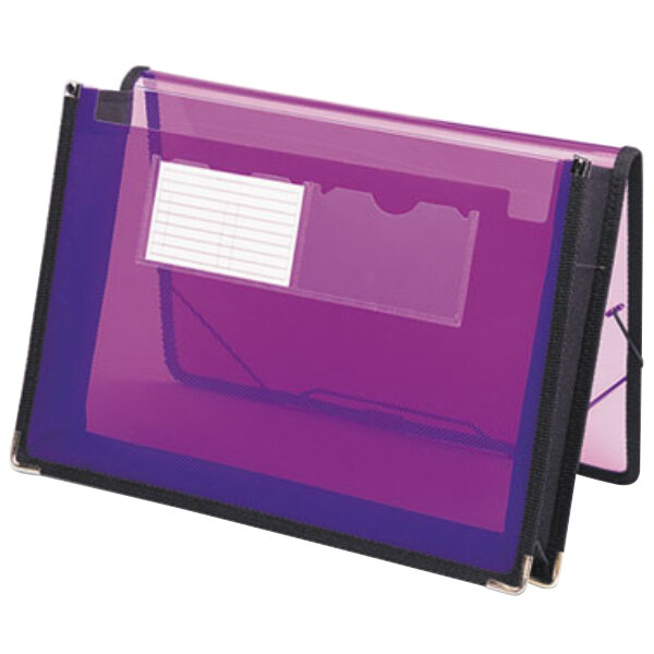 A purple Smead poly expansion wallet folder with a white paper inside.