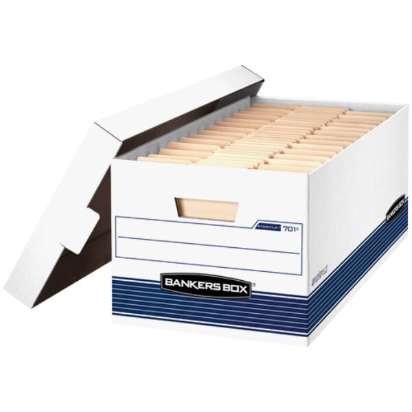 A white Fellowes Banker's Box file storage box with a lid open.