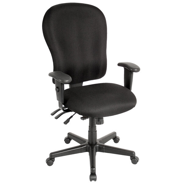 A Eurotech black fabric office chair with arms and wheels.
