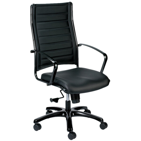 A Eurotech Europa black leather high back office chair with arms.