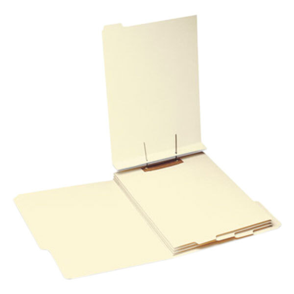 A close-up of a Smead file folder with a metal fastener on white paper.