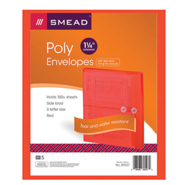 Smead 89527 Letter Size Side Load Poly Envelope - 1 1/4" Expansion with String Tie Closure, Red - 5/Pack
