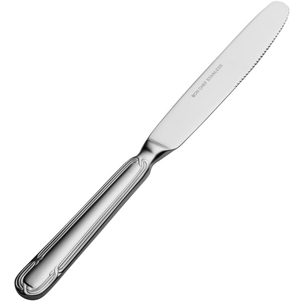 A silver Bon Chef dinner knife with a handle.