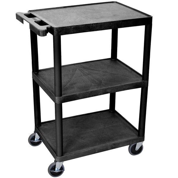 A black Luxor plastic utility cart with three flat shelves and wheels.