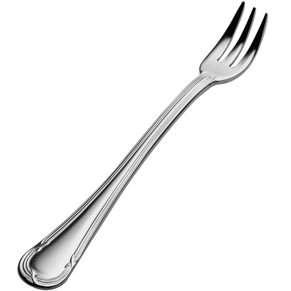 A Bon Chef stainless steel oyster/cocktail fork with a silver handle.