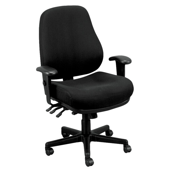 A Eurotech Dove Black fabric office chair with arms and wheels.