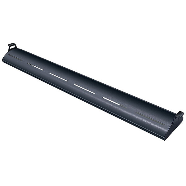 A black metal Hatco curved display light with holes in a long black metal beam.