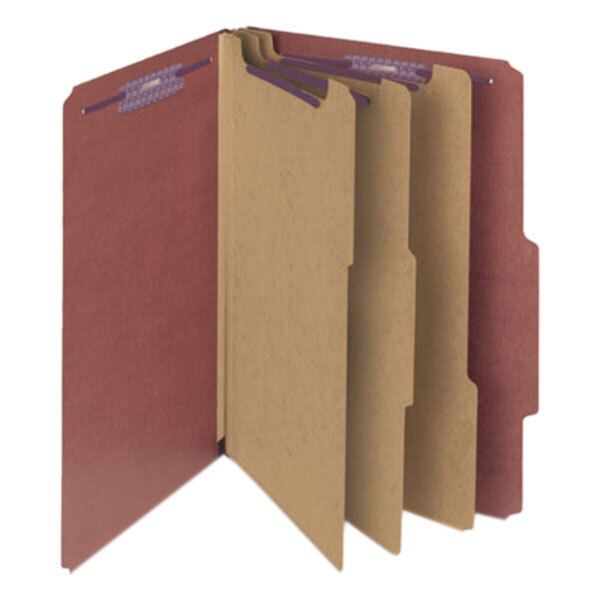 A brown Smead legal size classification folder with three folders inside.