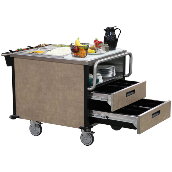 A Lakeside SuzyQ dining room meal serving system on a food cart with trays of food.