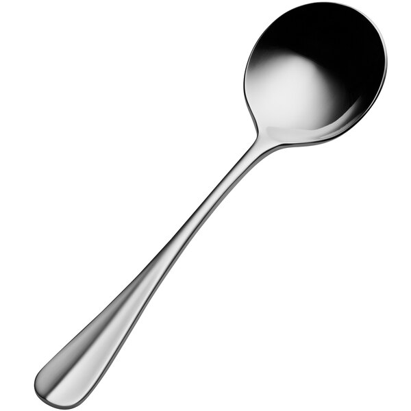 A close-up of a Bon Chef stainless steel bouillon spoon with a black handle.