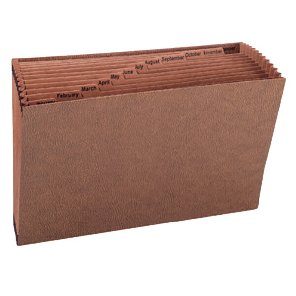 A brown Smead TUFF file folder with tabs labeled with months of the year.