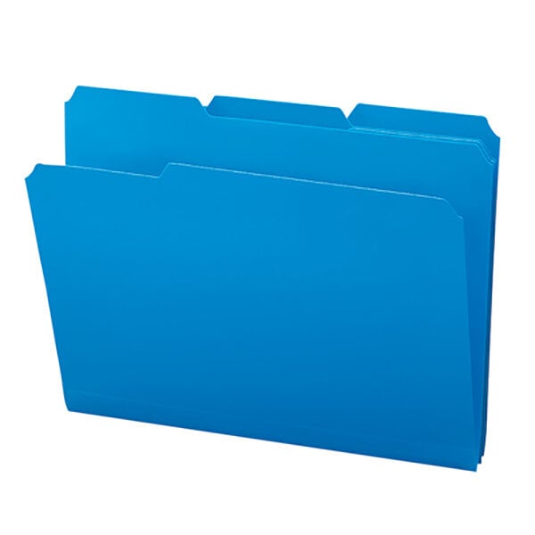 A Smead blue poly file folder with 1/3 cut assorted tabs.