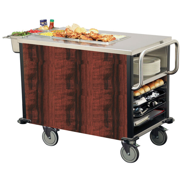 A Lakeside SuzyQ dining room meal serving cart with a tray of food on it.