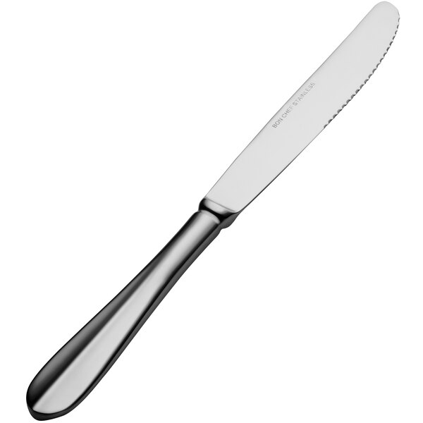 A Bon Chef stainless steel dinner knife with a solid black handle and silver blade.