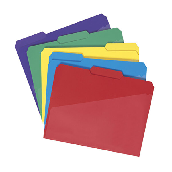 A stack of Smead waterproof poly letter size folders in assorted colors on a white background.
