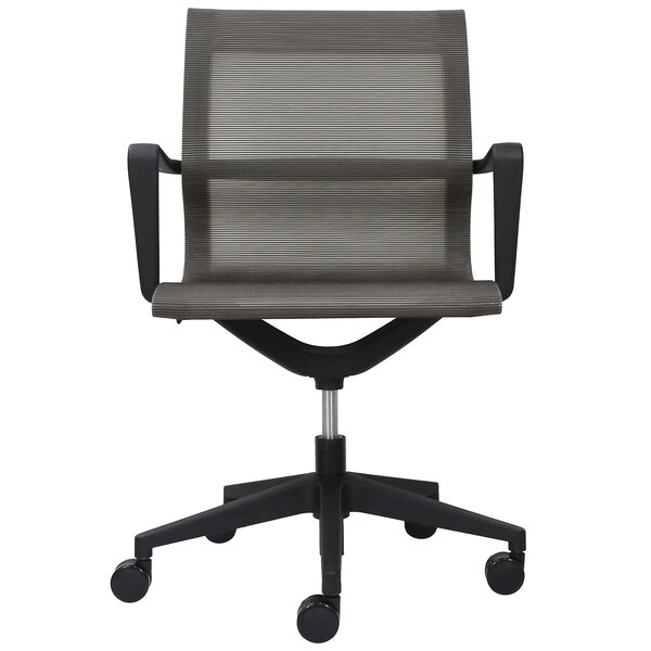 A Eurotech charcoal office chair with wheels and arms.