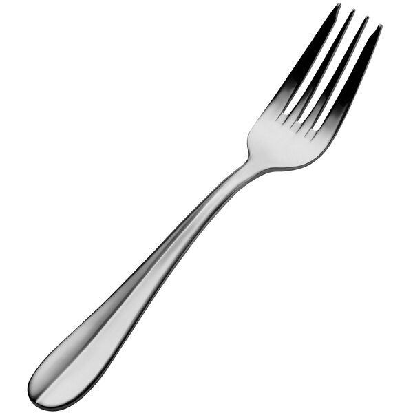 A close-up of a Bon Chef stainless steel salad/dessert fork with a silver handle.