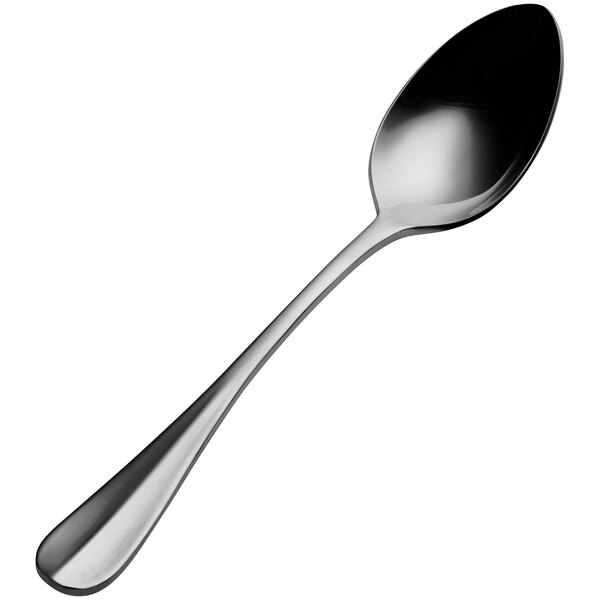 A Bon Chef stainless steel soup/dessert spoon with a black handle.