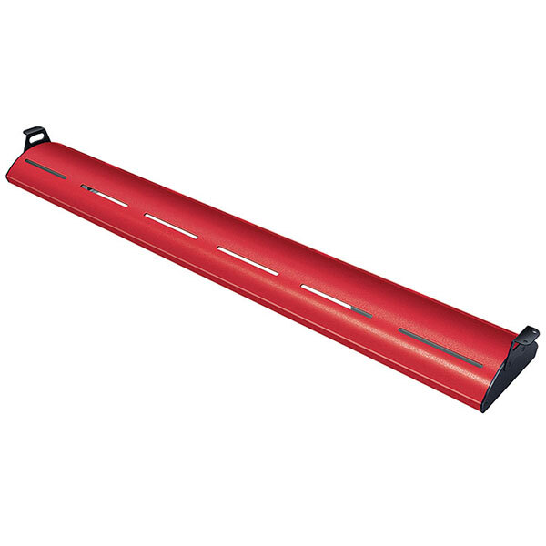 A red rectangular Hatco display light with black handles.