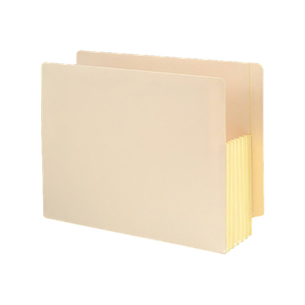 A beige Smead file pocket with yellow pages inside.