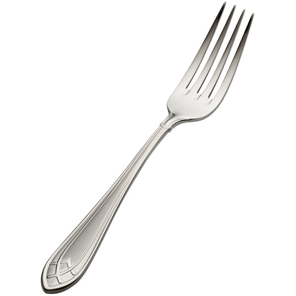 A Bon Chef Viva stainless steel dinner fork with a design on the handle.