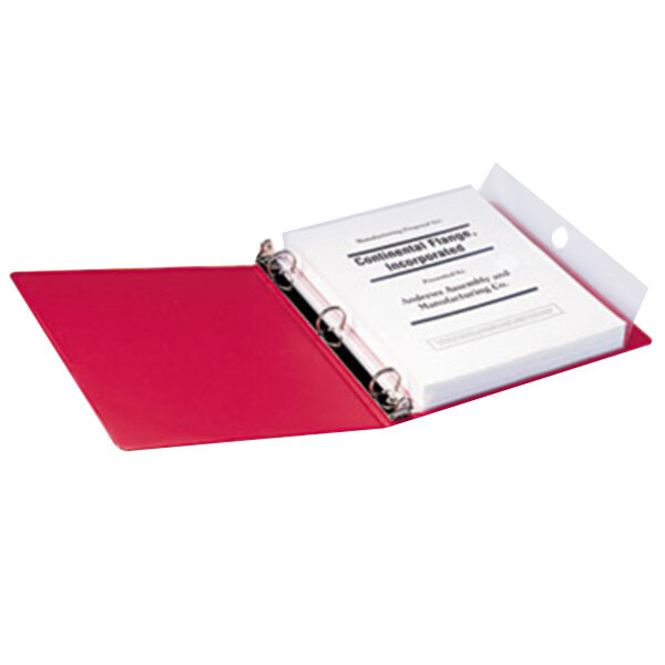 A red Smead ring binder with a clear poly pocket on the cover containing white paper.