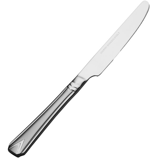 A Bon Chef stainless steel dinner knife with a silver handle and black blade.