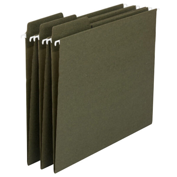 A group of green Smead FasTab file folders with reinforced tabs.