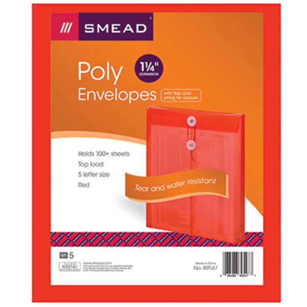 A package of red Smead poly envelopes.