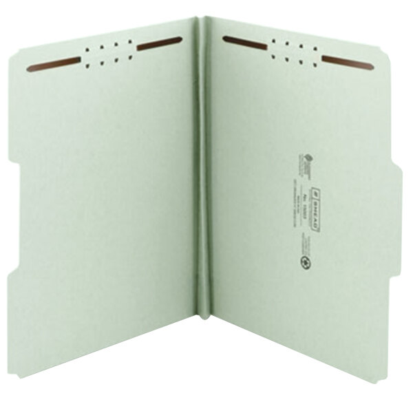 A white folder with brown fasteners and 2 brown holes.