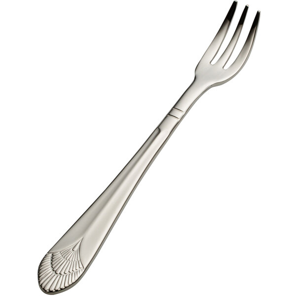 A Bon Chef stainless steel oyster fork with a silver handle and design.