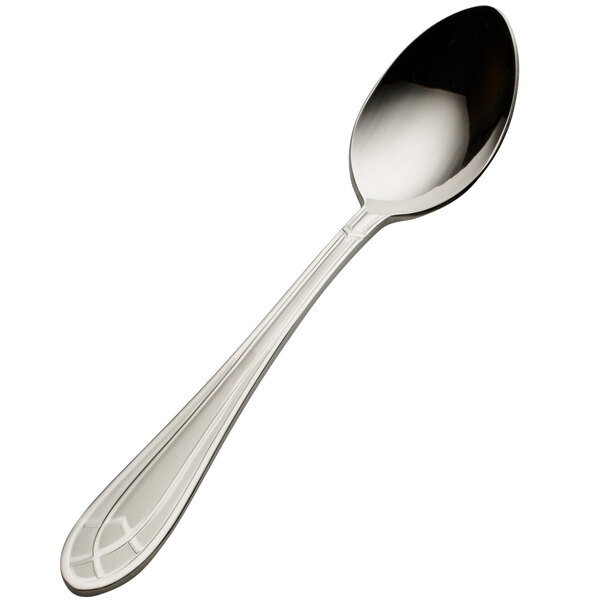 A close-up of a Bon Chef stainless steel teaspoon with a silver handle.