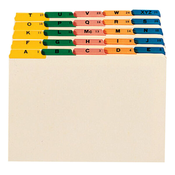 A stack of Smead file folders with assorted color alphabetical tabs.