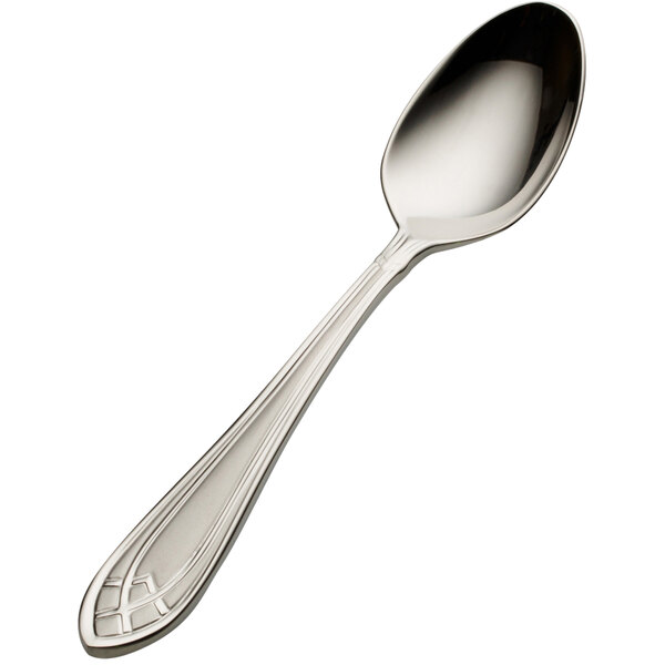 A Bon Chef stainless steel demitasse spoon with a handle on a white background.
