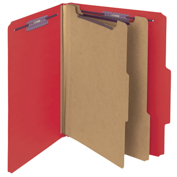 A red Smead SafeSHIELD classification folder with brown paper dividers.