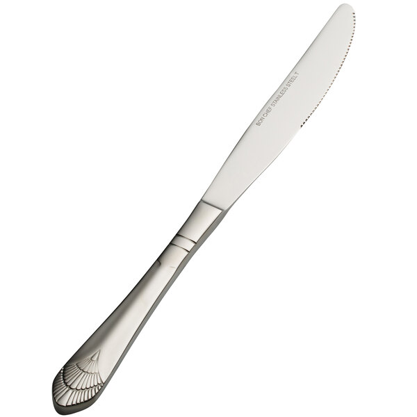 A Bon Chef stainless steel dinner knife with a design on the handle.