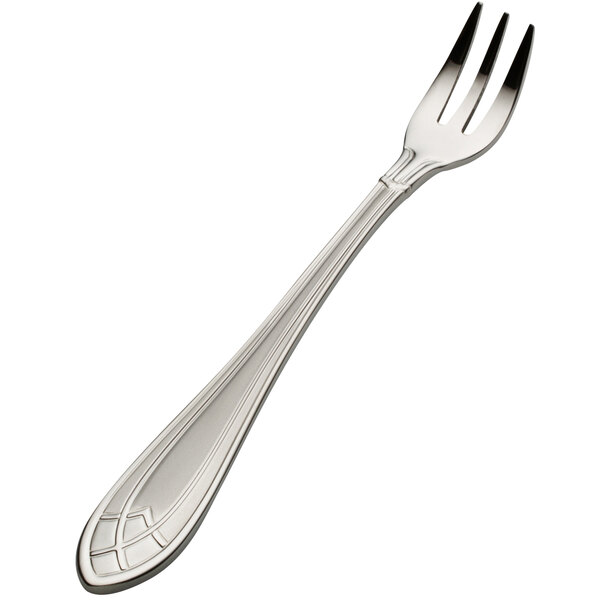 A Bon Chef Viva stainless steel oyster/cocktail fork with a design on the handle.