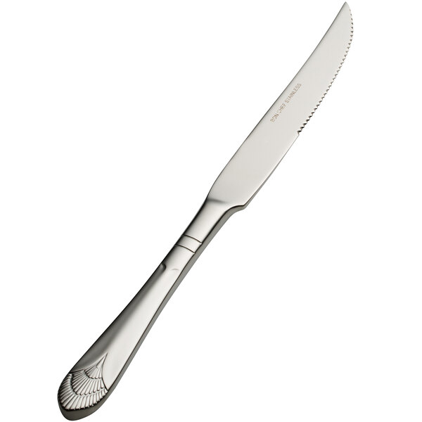 A Bon Chef stainless steel steak knife with a silver handle and blade.