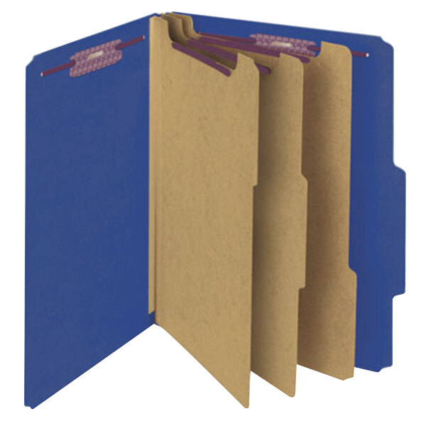 A blue Smead file folder with white labels and brown and tan tabs.