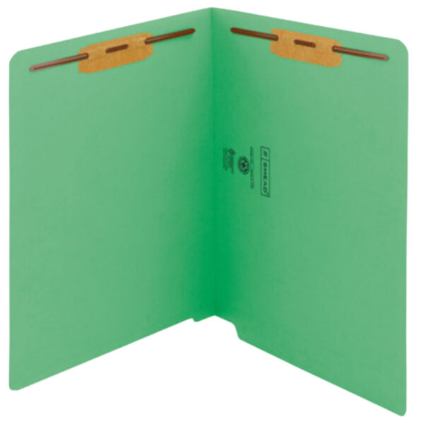 Smead 25140 Shelf-Master Letter Size Fastener Folder with 2 Fasteners - Straight Cut End Tab, Green - 50/Box