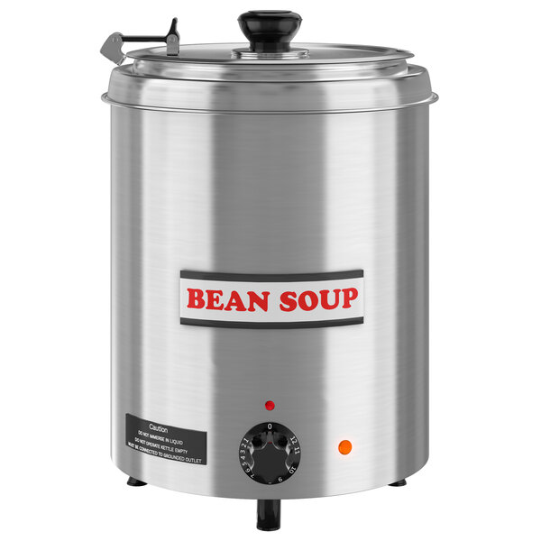 An Avantco stainless steel round soup warmer with a lid.