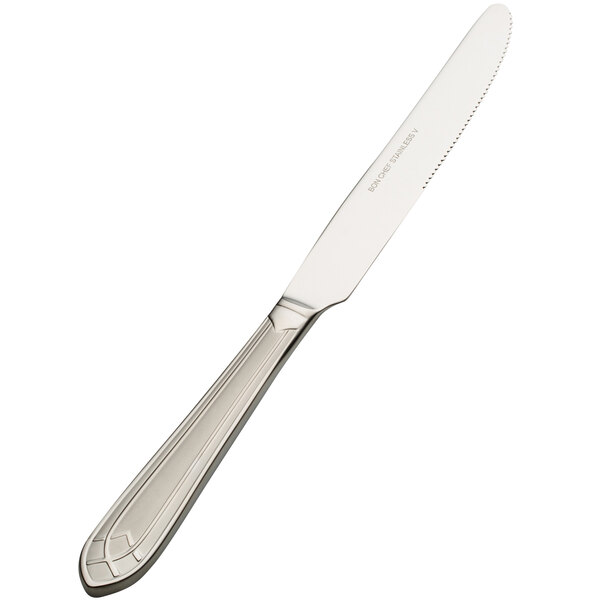 A Bon Chef stainless steel dinner knife with a solid silver handle.