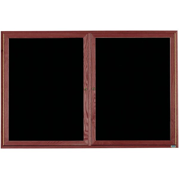A black board with wooden doors.