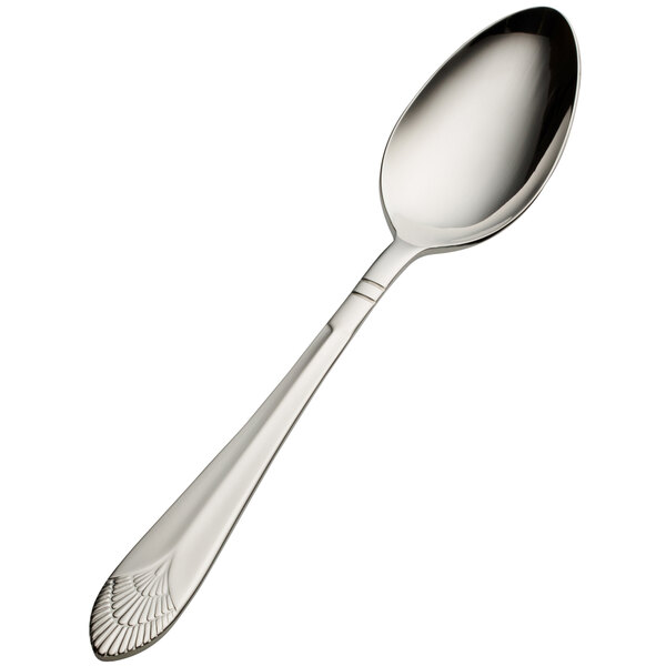 A Bon Chef stainless steel soup/dessert spoon with a design on the handle.