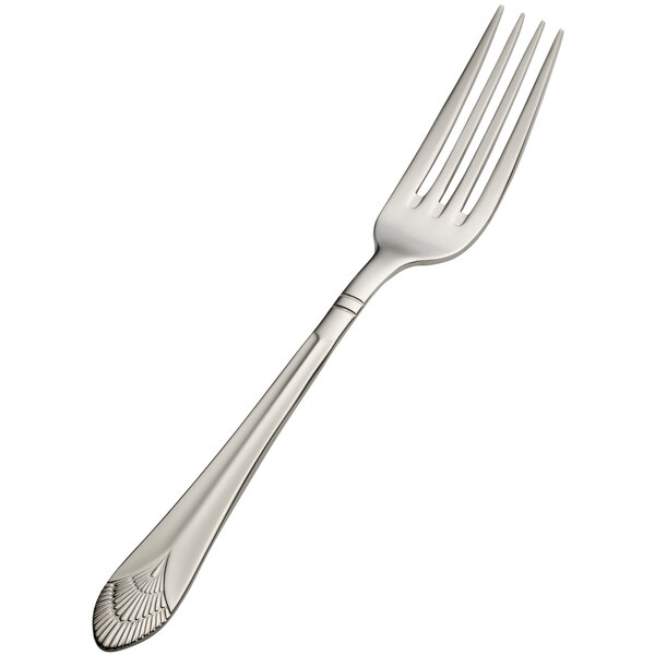 A Bon Chef stainless steel dinner fork with a design on the handle.