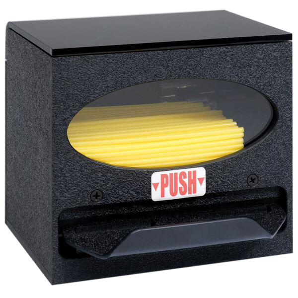 A black Vollrath Traex dispenser box with yellow paper inside.